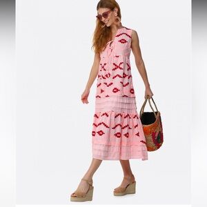 Greek Archaic Kori Midi Dress - Pink Rhombus Embroidered